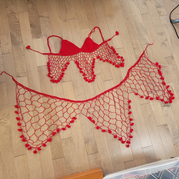 2 piece handmade red crochet swimsuit cover-up - Picture 10 of 11